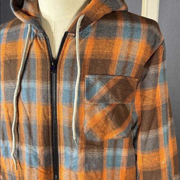 Men’s Plaid Flannel Brown Blue Full Zip Hooded Jacket Fleece Lined Size L NEW - Picture 3 of 14